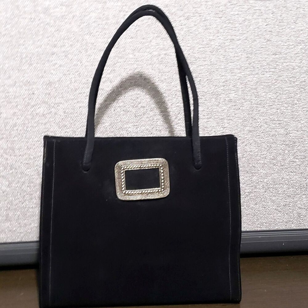 Vtg Lennox Bag Black Suede Handbag Purse w/Mirror